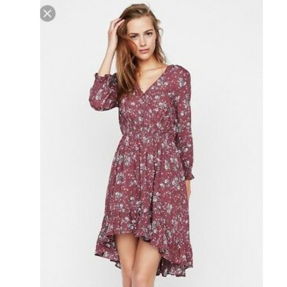 Express Floral Smocked Waist Ruffle Wrap Dress
